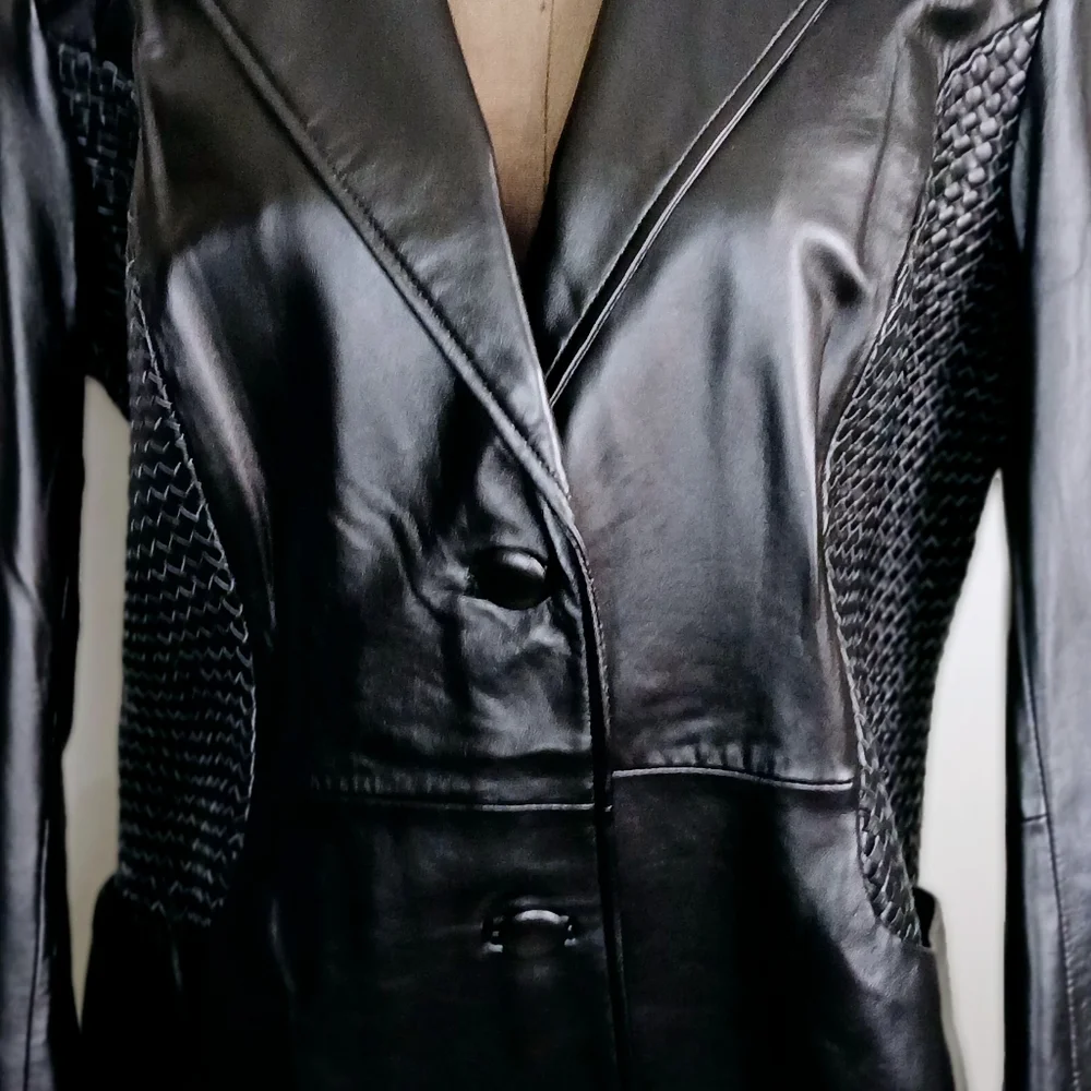 Sharif Studio Blazer Jacket Womens Size Medium Black Leather Weave Detail Biker